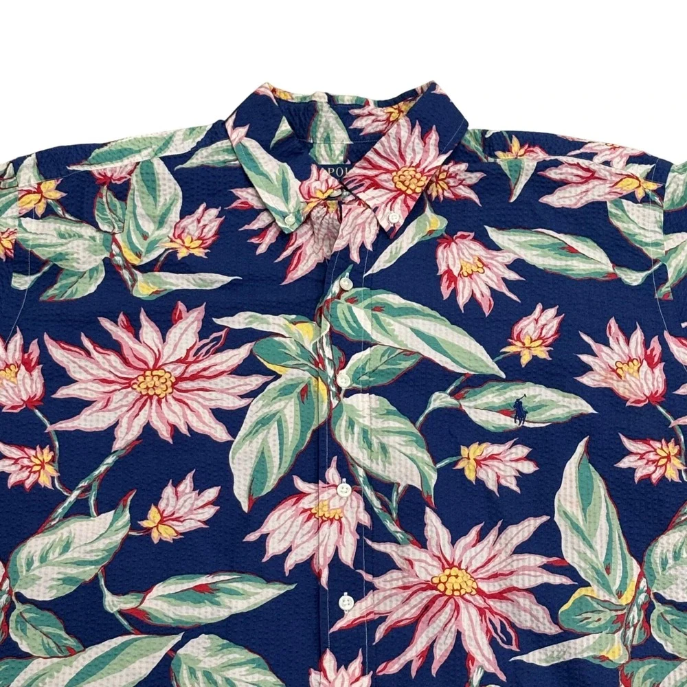Polo Ralph Lauren Mens XLT Seersucker Floral Button Down Shirt NavyBlue Tropical